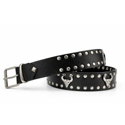 Fekete szegecses marhabőr öv – bikafejes fém díszekkel