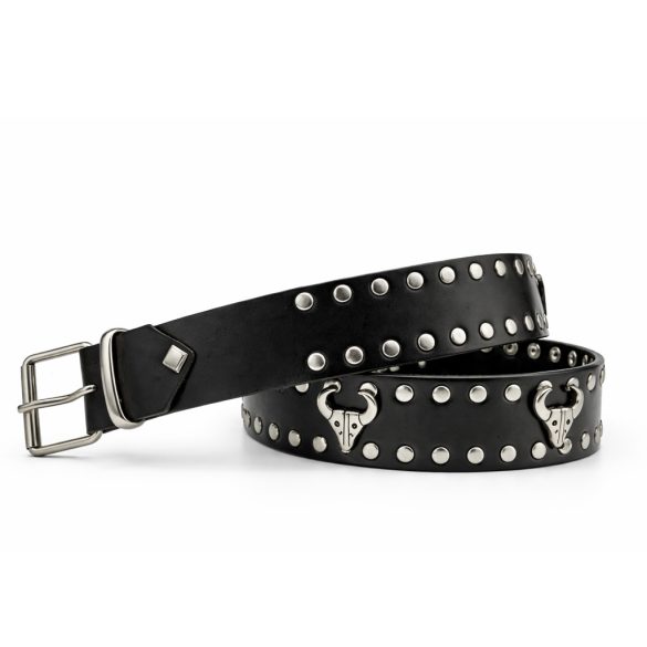 Fekete szegecses marhabőr öv – bikafejes fém díszekkel