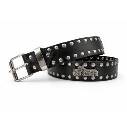   Fekete szegecses marhabőr öv – veterán motor fém díszekkel