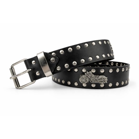 Fekete szegecses marhabőr öv – veterán motor fém díszekkel
