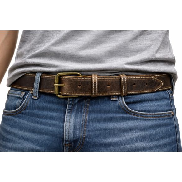 Barna 4 cm széles pull-up marhabőr öv dísztűzéssel
