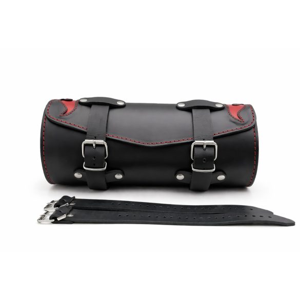 Fekete marhabőr villatáska piros lángnyelv betétekkel – 30×11 cm