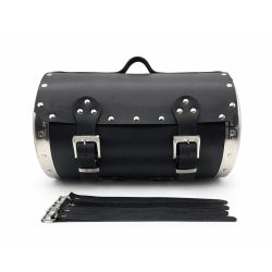  Fekete bőr hátsó hengertáska motorra – krómozott oldalakkal, sas fej dísszel (40×26 cm)