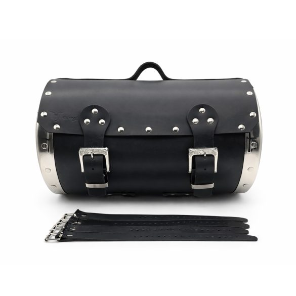 Fekete bőr hátsó hengertáska motorra – krómozott oldalakkal, sas fej dísszel (40×26 cm)