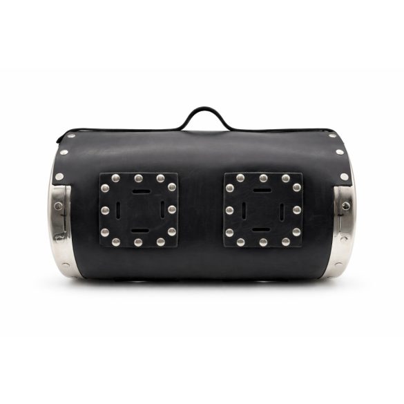 Fekete bőr hátsó hengertáska motorra – krómozott oldalakkal, sas fej dísszel (40×26 cm)