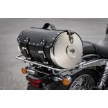 Fekete bőr hátsó hengertáska motorra – krómozott oldalakkal, sas fej dísszel (40×26 cm)