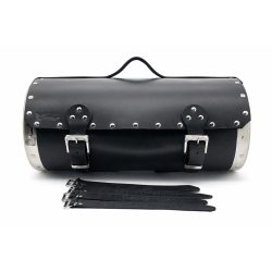   Nagy méretű fekete bőr motoros hátsó hengertáska – krómozott oldalakkal, sas fej dísszel (50×26 cm)