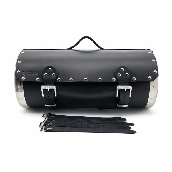 Nagy méretű fekete bőr motoros hátsó hengertáska – krómozott oldalakkal, sas fej dísszel (50×26 cm)