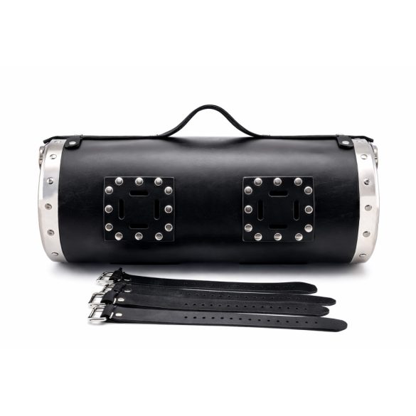 Nagy méretű fekete bőr motoros hátsó hengertáska – krómozott oldalakkal, sas fej dísszel (50×26 cm)