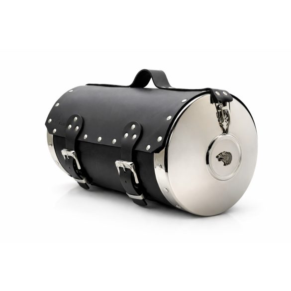 Nagy méretű fekete bőr motoros hátsó hengertáska – krómozott oldalakkal, sas fej dísszel (50×26 cm)