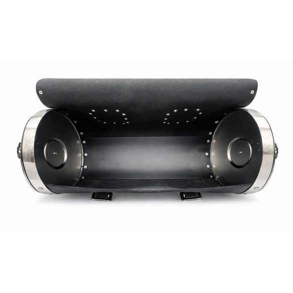 Nagy méretű fekete bőr motoros hátsó hengertáska – krómozott oldalakkal, sas fej dísszel (50×26 cm)