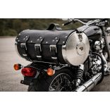 Extra nagy fekete bőr motoros hátsó hengertáska motoron– krómozott oldalakkal, sas fej dísszel (60×27 cm)