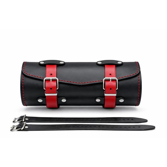 Fekete-piros marhabőr villatáska – kézműves motoros 30×11 cm