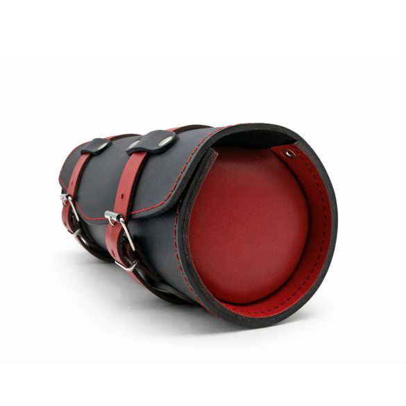 Fekete-piros marhabőr villatáska – kézműves motoros 30×11 cm