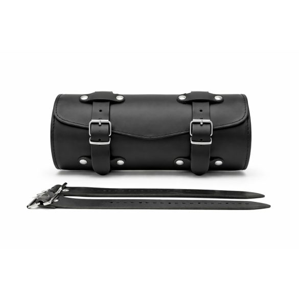 Fekete  marhabőr motoros villatáska kézműves kivitelben fehér háttéren