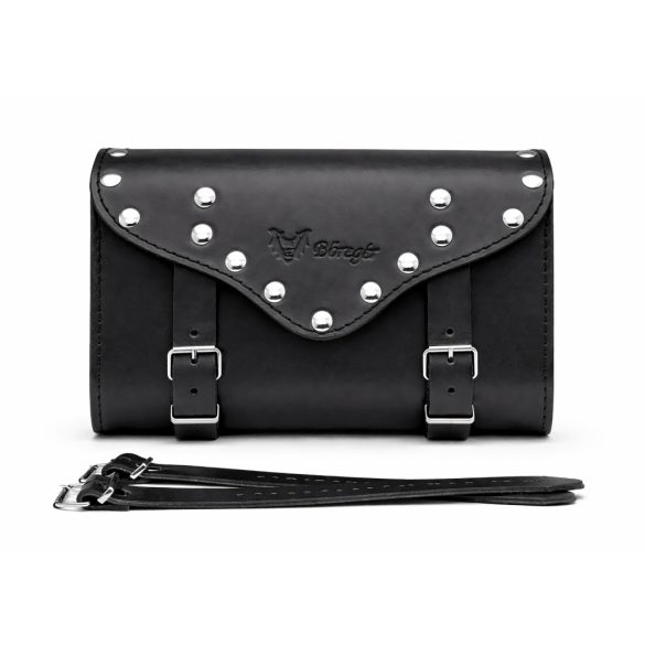 Bőregér Classic 25 szegecselt fekete marhabőr villatáska elölnézetben két csattal