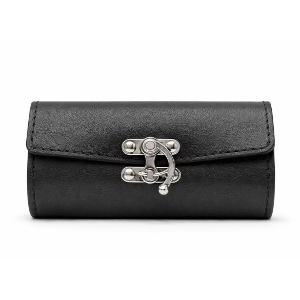 Bőreger Mini Classic fekete marhabőr motoros villatáska horgas kapoccsal, elölnézet