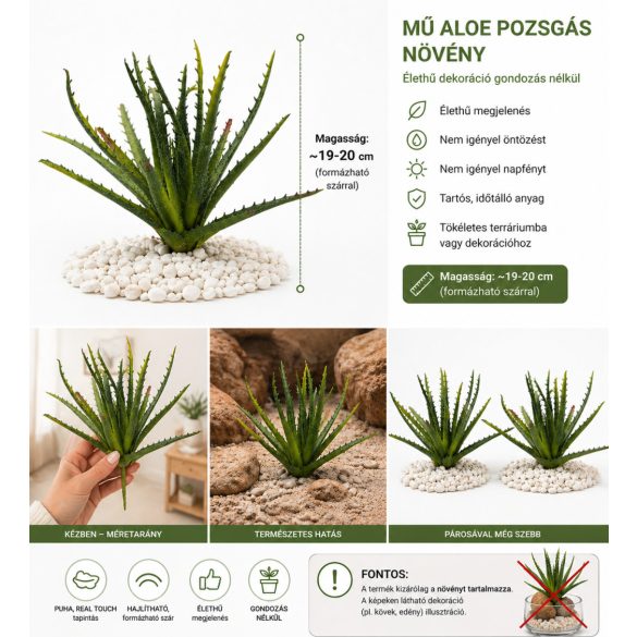 Mű Aloe pozsgás növény – tüskés, real touch, hajlítható (~19–20 cm)