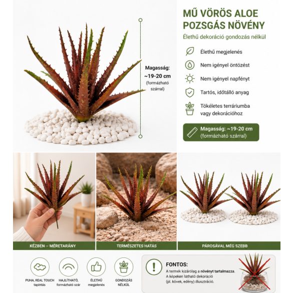 Mű Aloe pozsgás növény – tüskés, real touch, hajlítható (~19–20 cm)