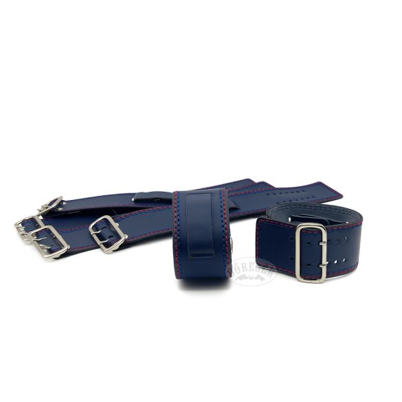 Bőr óraszíj piros- kék díszvarrással